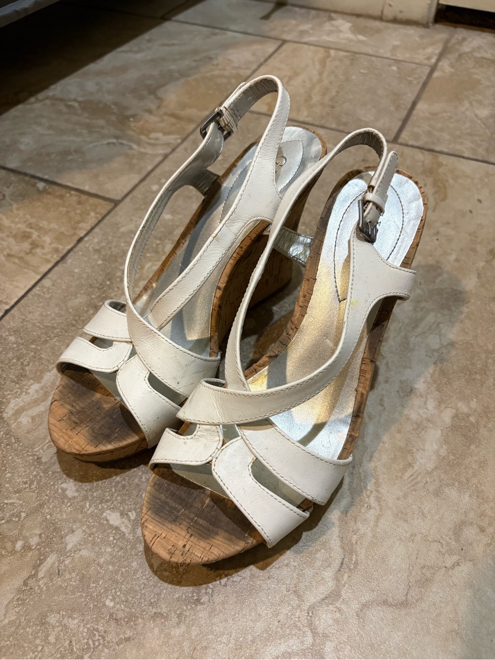 Guess White Cork Wedge Slingback Sandals